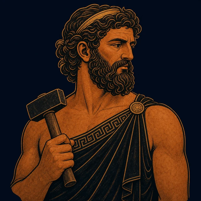 MythWeave original portrait of Hephaestus as a mature terracotta-and-gold divine smith holding a compact hammer