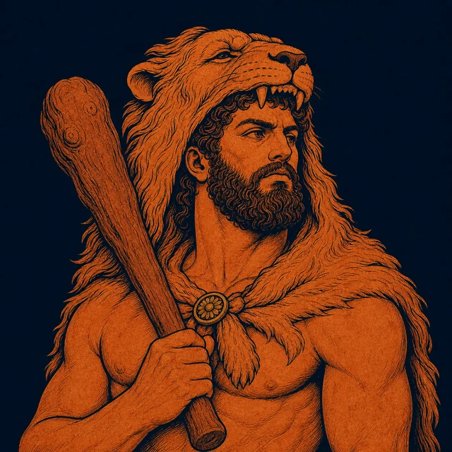 MythWeave original pottery-line illustration of Heracles in the Nemean lion skin holding a wooden club