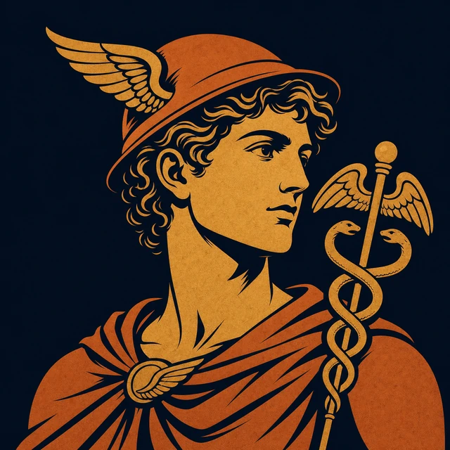 MythWeave original portrait of Hermes as a youthful terracotta-and-gold divine messenger with a winged traveller's cap and caduceus