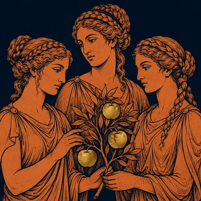 MythWeave original pottery-line collective illustration of three Hesperides surrounding a branch of golden apples