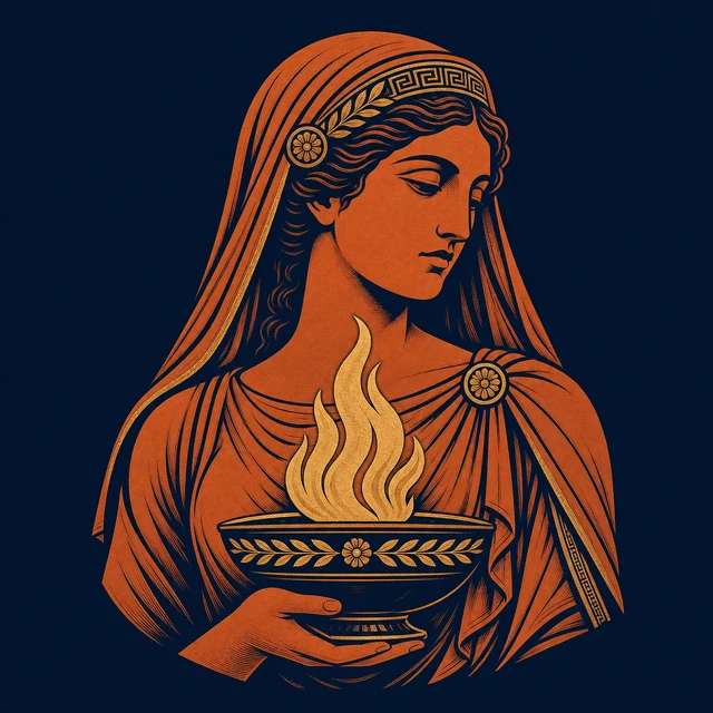 MythWeave original portrait of Hestia as a calm veiled terracotta-and-gold hearth goddess beside one central flame