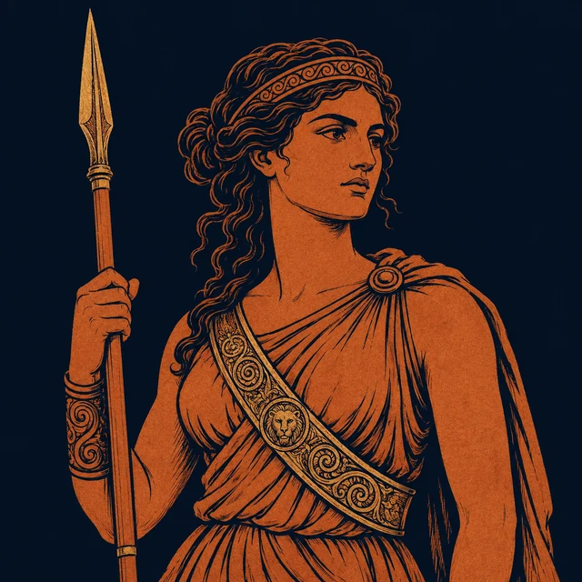 MythWeave original pottery-line illustration of the Amazon queen Hippolyta wearing her war belt