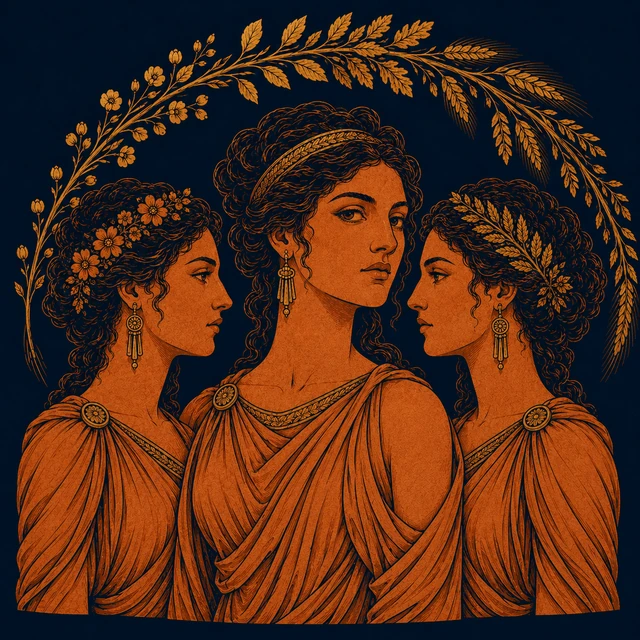 MythWeave original Horae portrait showing three adult goddesses beneath one seasonal arch of buds, leaves and grain