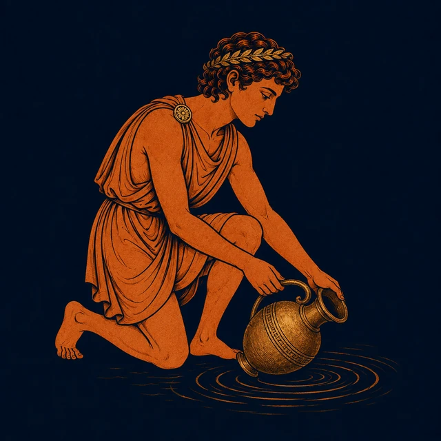 MythWeave original pottery-line illustration of Hylas lowering a bronze jar to a spring ripple