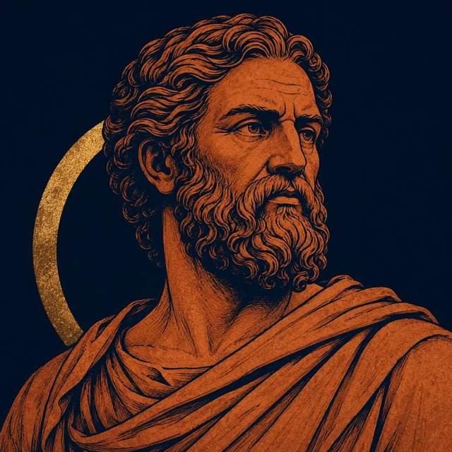 MythWeave original portrait of Hyperion as a terracotta first-generation Titan elder with a restrained worn-gold high-light band on deep navy