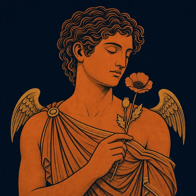 MythWeave original portrait of Hypnos as a peaceful terracotta-and-gold winged sleep deity with closed eyes and one poppy stem