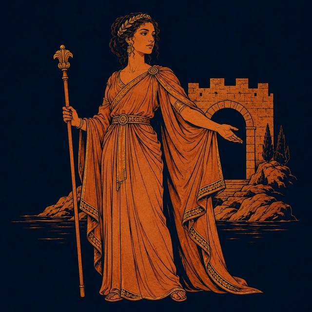 MythWeave original pottery-line illustration of Queen Hypsipyle welcoming guests before a city gate
