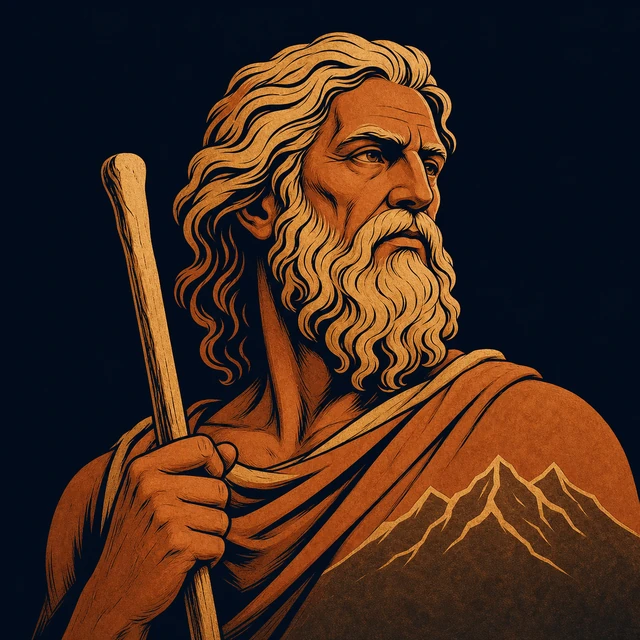MythWeave original portrait of Iapetus as a grave elder terracotta-and-gold Titan with an ancestral staff