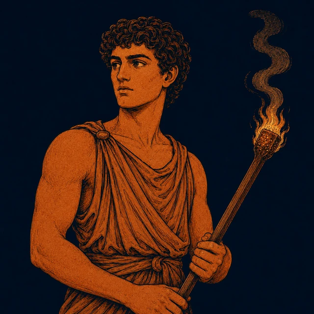 MythWeave original pottery-line illustration of Iolaus holding the burning brand used against the Hydra