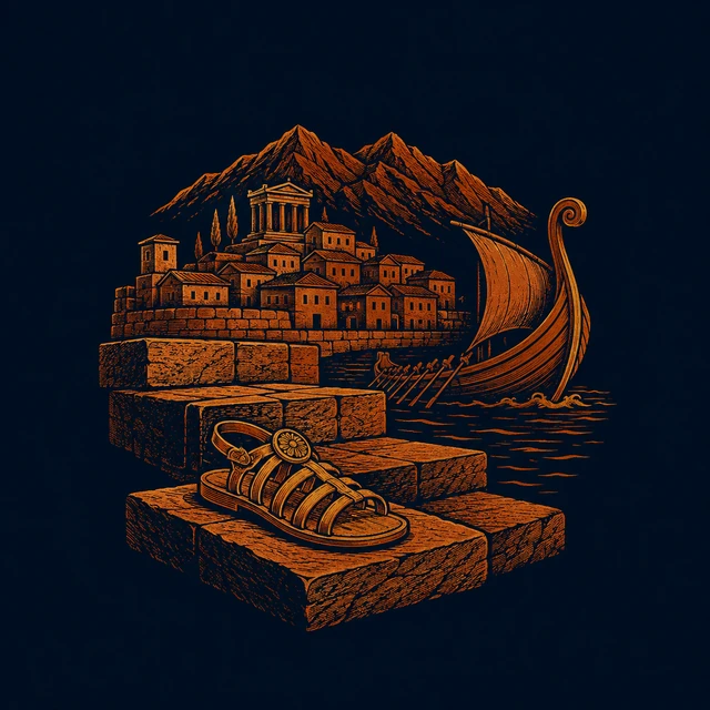 MythWeave original pottery-line place emblem of Iolcus with a sandal on the quay and a departing prow