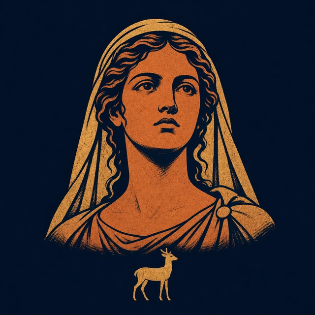 MythWeave original portrait of Iphigenia as a solemn young terracotta-and-gold woman with an altar ribbon