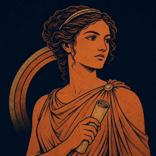 MythWeave original portrait of Iris as a terracotta divine messenger with a small message symbol and restrained gold rainbow arc on deep navy