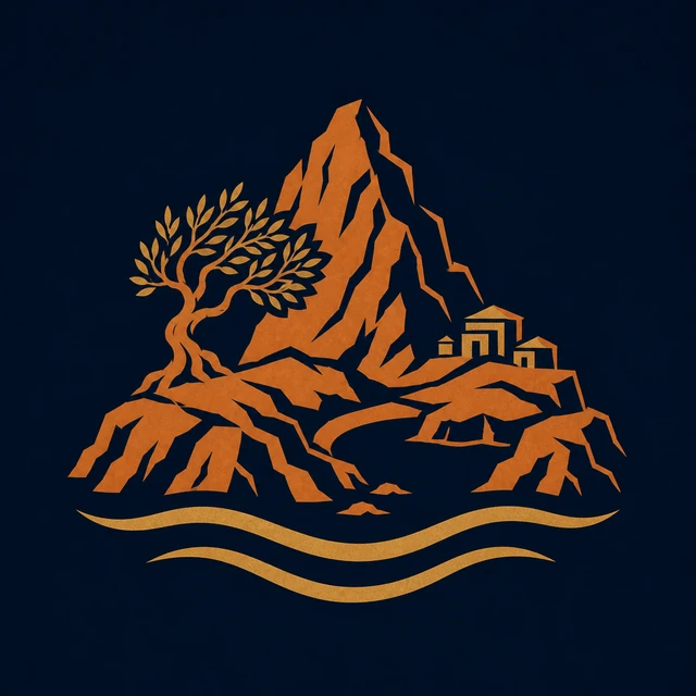 MythWeave original emblem of Ithaca with a terracotta-and-gold mountain island, harbour, settlement, waves and olive tree