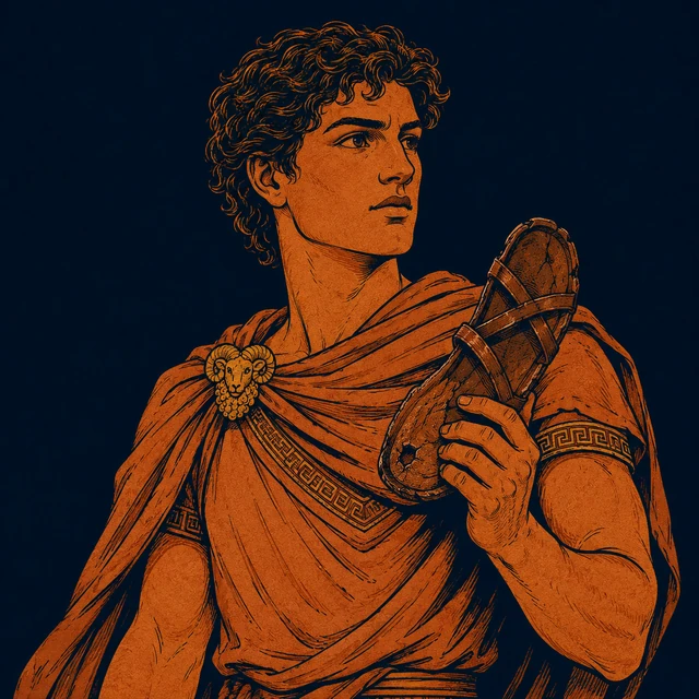 MythWeave original pottery-line illustration of Jason holding the single sandal with a ram-fleece clasp