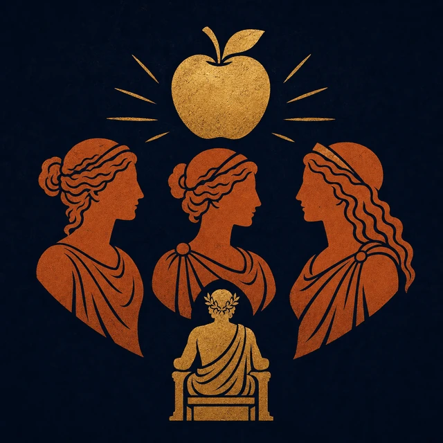 MythWeave original event emblem for the Judgement of Paris with three divine profiles, a seated judge and a conventional prize apple