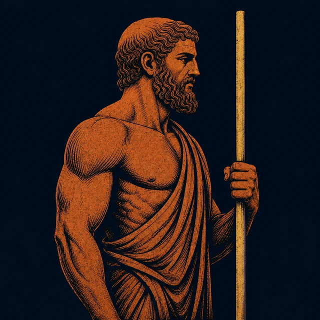 MythWeave original portrait of Kratos as the divine personification of strength gripping one vertical staff