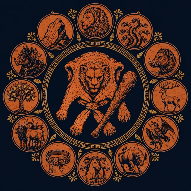 MythWeave original pottery-line event emblem of twelve labour marks circling a lion-skin knot and club