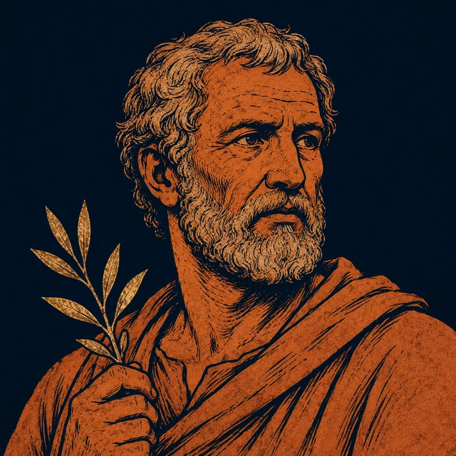 MythWeave original portrait of Laertes as an aged Ithacan mortal father in a terracotta cloak with a restrained worn-gold olive branch on deep navy