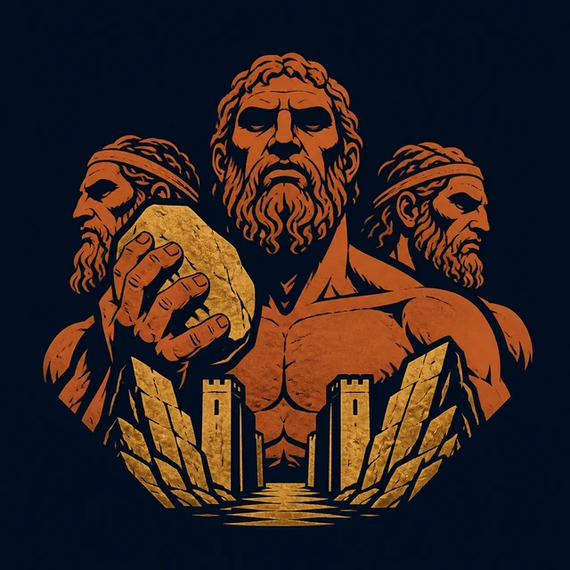 MythWeave original creature emblem of three terracotta Laestrygonian giants with a raised stone and narrow harbour gate