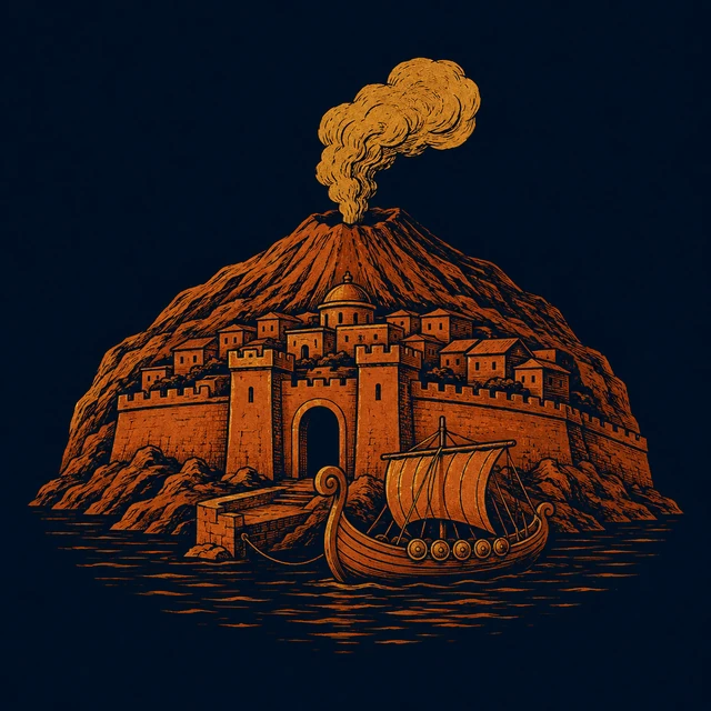 MythWeave original pottery-line place emblem of Lemnos with city gate, harbour prow and volcanic plume