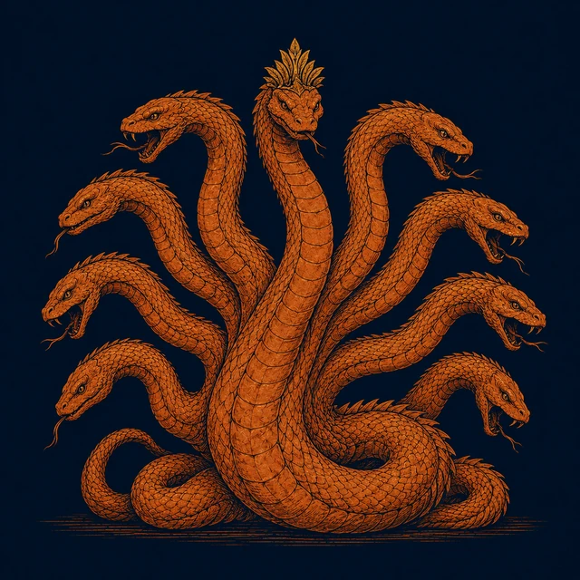MythWeave original pottery-line illustration of the nine-headed Lernaean Hydra with its immortal head marked in gold