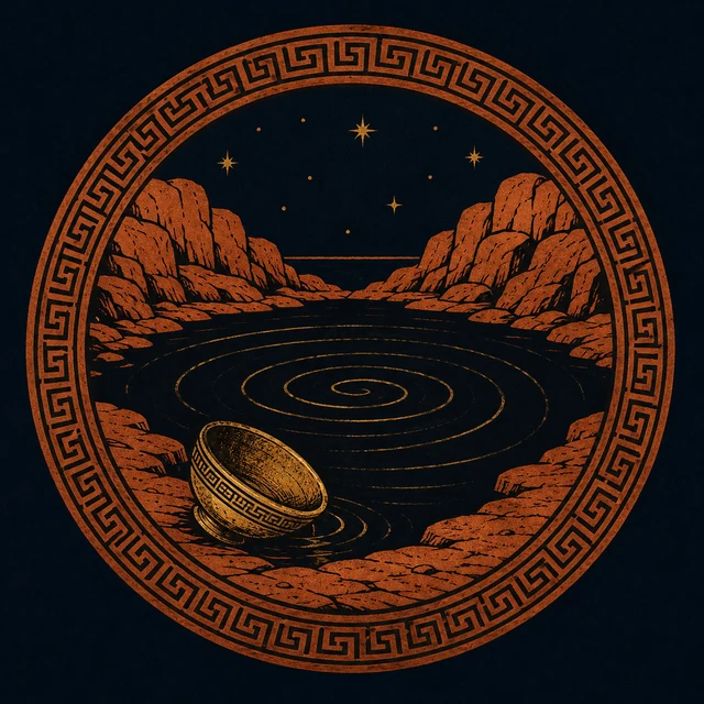 MythWeave original place image of Lethe as the water of forgetting from Plato's Myth of Er, with a dark river-pool, restrained worn-gold drinking cup and fading ripple spiral on deep navy.