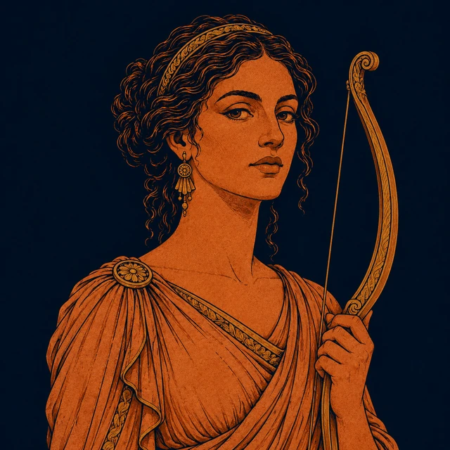 MythWeave original portrait of Leto calmly holding one unstrung bow upright beside her shoulder