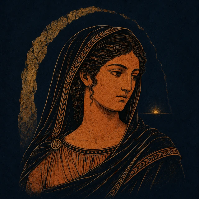 MythWeave original portrait of Maia as a quiet divine mother with a terracotta face, dark mantle and restrained worn-gold cave-shadow cue on deep navy