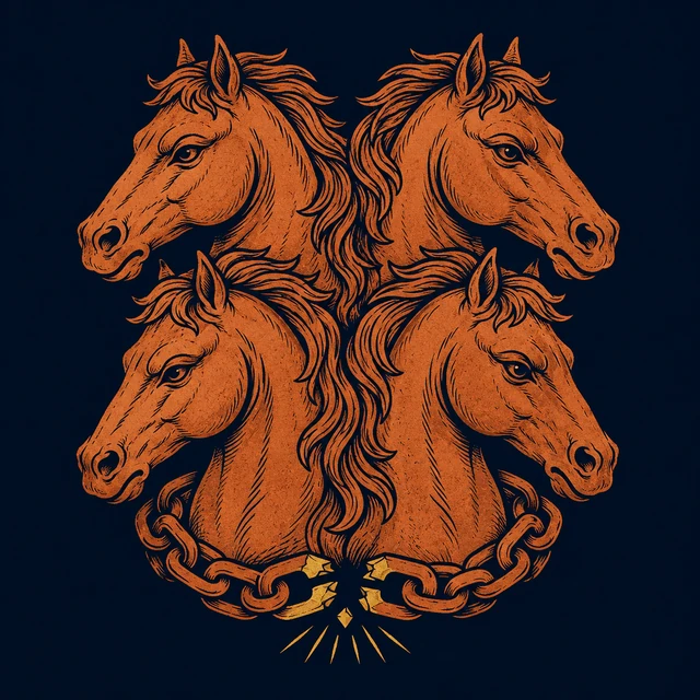 MythWeave original pottery-line emblem of the four mares of Diomedes joined by a broken chain