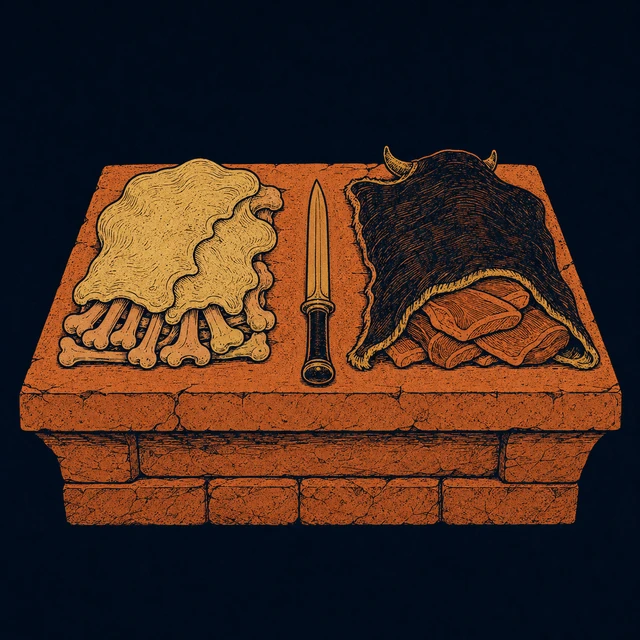 MythWeave original Division at Mecone image with ox bones beneath gleaming fat and meat beneath a folded hide on a divided altar