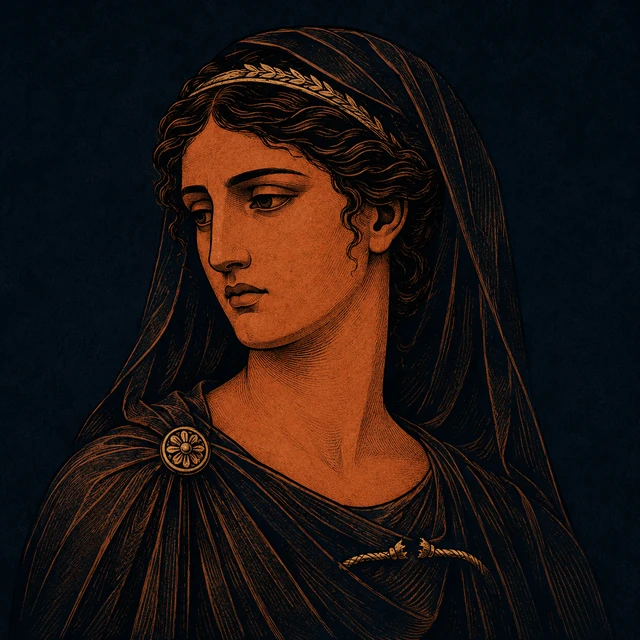 MythWeave original portrait of Megara as a tragic mortal wife with terracotta face, dark veil and restrained worn-gold broken household-thread or dim lamp cue on deep navy