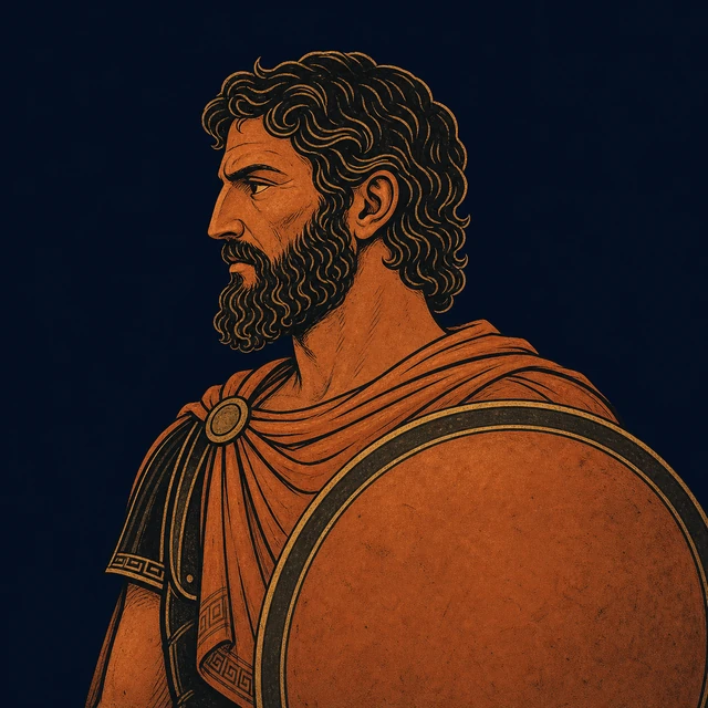 MythWeave original portrait of Menelaus as a mature terracotta-and-gold Spartan king carrying a plain round shield