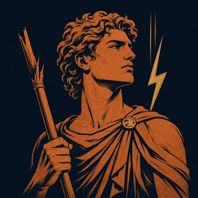 MythWeave original portrait of proud young Titan Menoetius with a broken spear and descending thunder mark