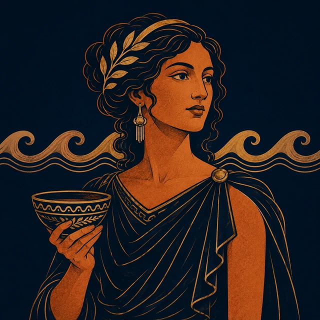 MythWeave original portrait of Metis as a composed Oceanid counsellor holding a small mixing bowl