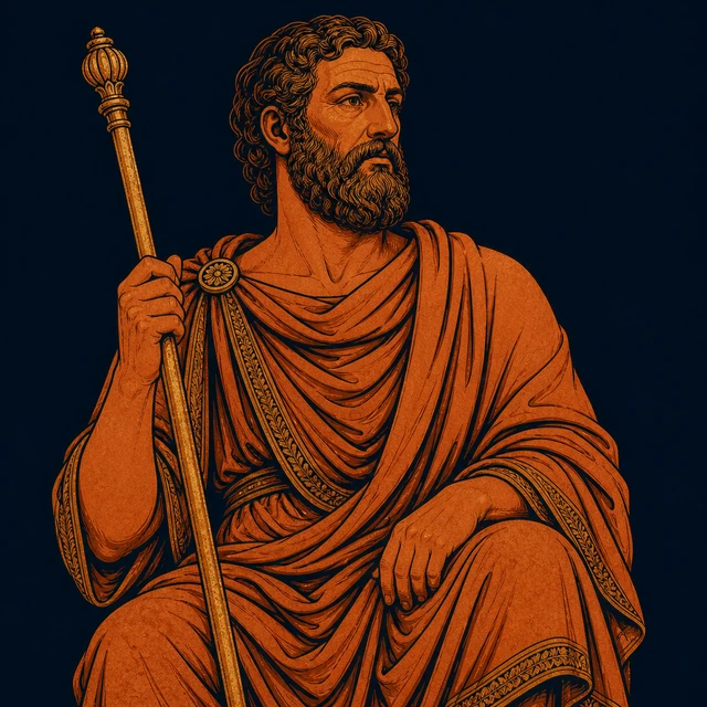 MythWeave original pottery-line illustration of Minos judging with a long golden sceptre