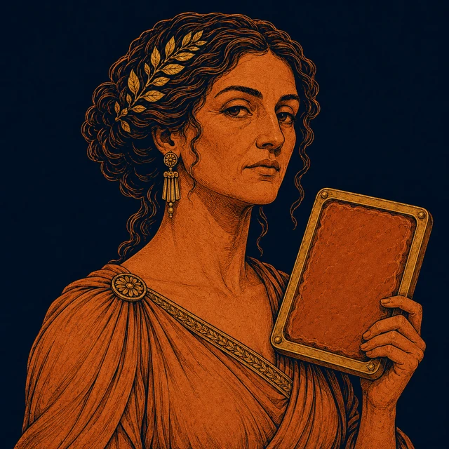 MythWeave original portrait of Mnemosyne as a mature Titan goddess holding a large wax memory tablet near her shoulder