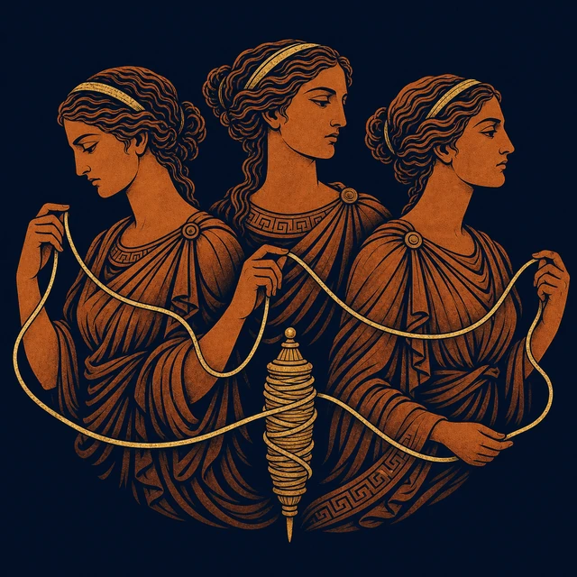 MythWeave original portrait of the Moirai as three solemn terracotta-and-gold divine profiles sharing one thread and spindle