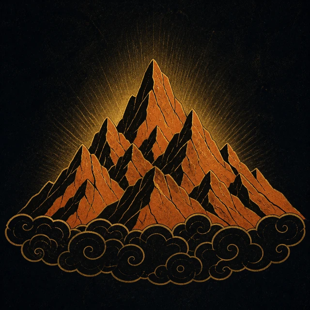 MythWeave original emblem of many-peaked Mount Olympus rising above clouds in restrained gold light