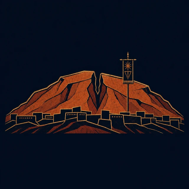 MythWeave original emblem of angular Mount Othrys as the Titans’ mountain camp with one dark standard