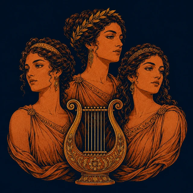 MythWeave original Muses portrait with three distinct adult goddess busts around one large lyre, suggesting the group of nine