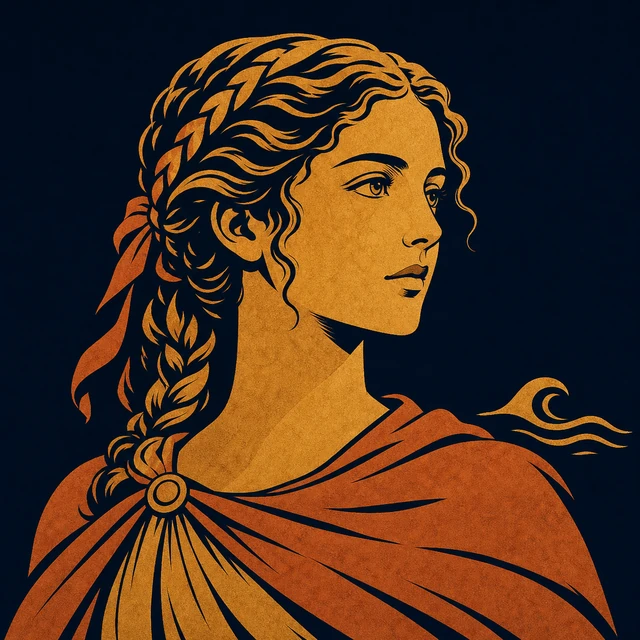 MythWeave original portrait of Nausicaa as a young terracotta-and-gold Phaeacian princess with braided hair and a shoreline wave motif