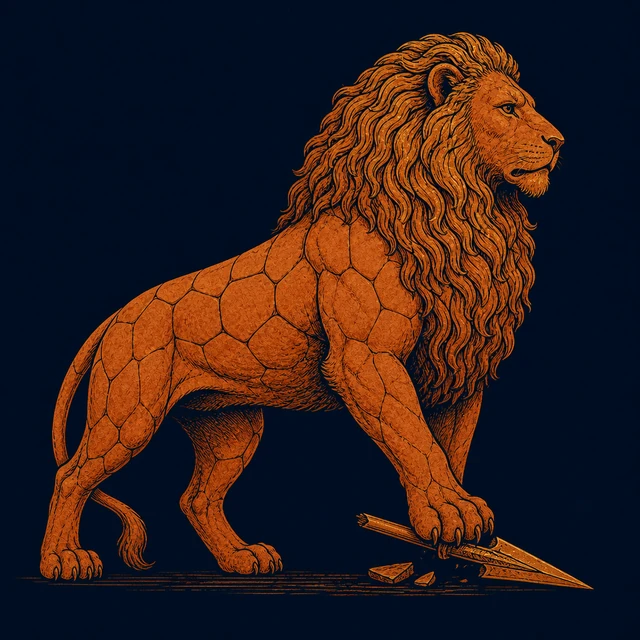 MythWeave 原創陶繪線稿風插圖:以無法刺穿的獸皮壓住斷矛的尼米亞獅子