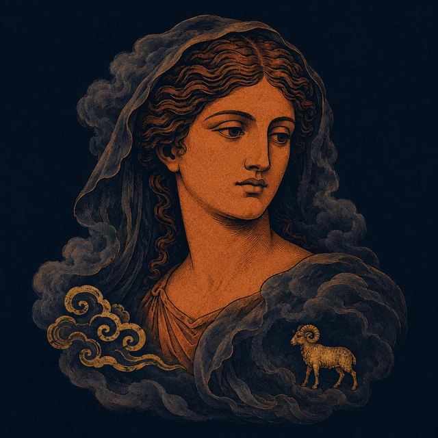 MythWeave original portrait of Nephele as a cloud-associated mother goddess, with terracotta face, mist-like veil and restrained worn-gold cloud curl and ram motif on deep navy.