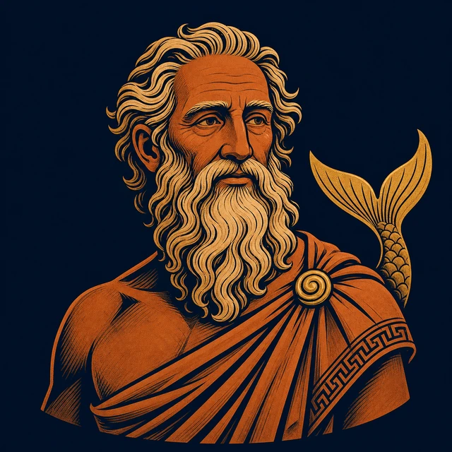 MythWeave original portrait of Nereus as a kindly old terracotta-and-gold sea god with a fish-tail curve and calm wave beard