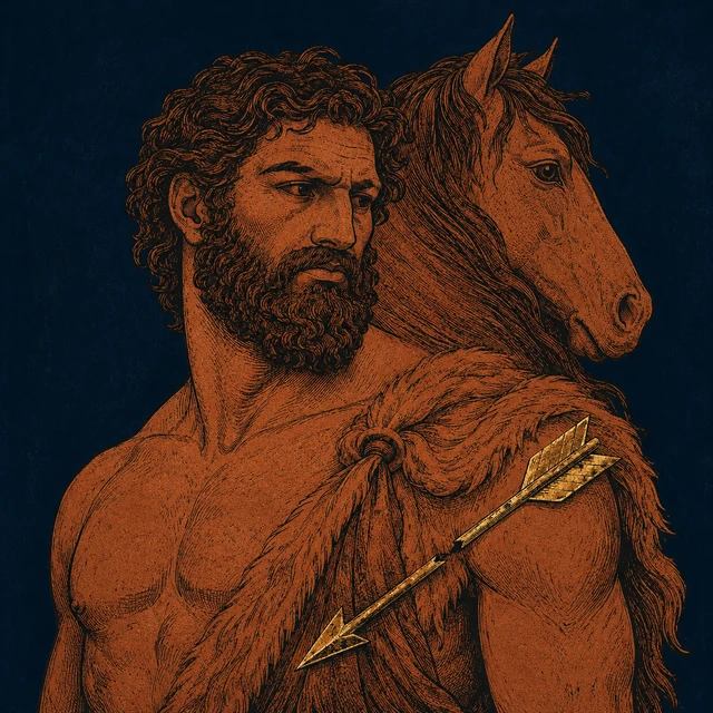 MythWeave original portrait of Nessus as a dangerous centaur with terracotta bearded features, subtle centaur silhouette and restrained worn-gold broken-arrow cue on deep navy