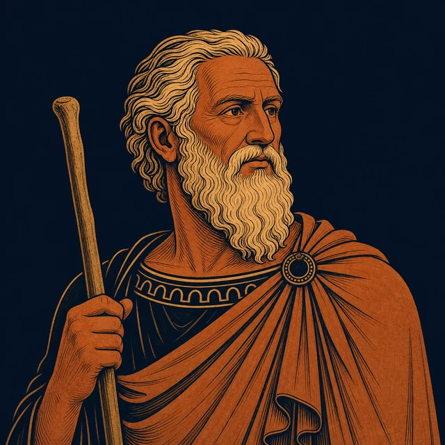 MythWeave original portrait of Nestor as an elderly terracotta-and-gold Achaean counsellor holding a plain speaking staff