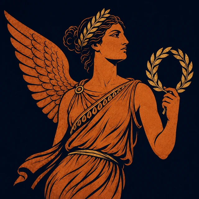 MythWeave original portrait of Nike as a swift winged terracotta-and-gold goddess carrying a victory wreath