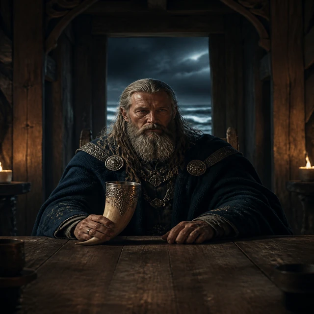 Ægir, sea-god in a deep-blue cloak at the end of a timber feast hall.