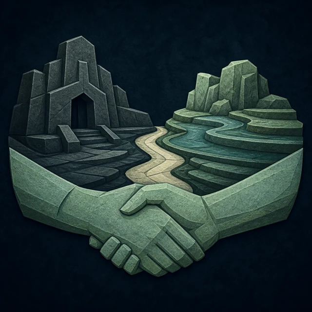 Norse Lichen iron editorial illustration of Aesir-Vanir Settlement for the atlas detail view.