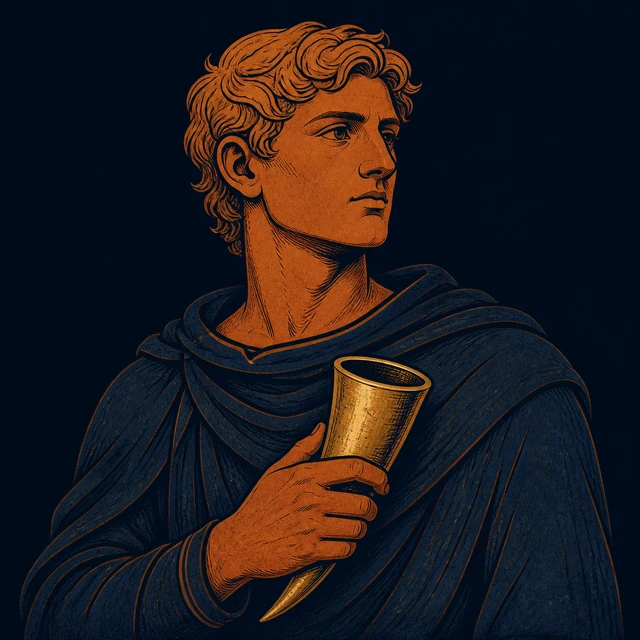 Agnar, a young prince in a dark navy cloak holding one gold drinking horn.